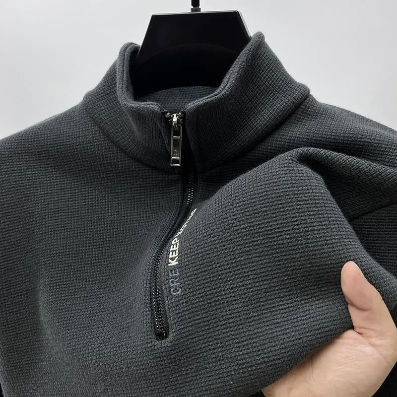 Winter New Warm Fleece Loose Sweatshirts Men Stand Collar Top Tee Casual Zipper Solid Color Long Sleeve T-Shirt Men's Clothing