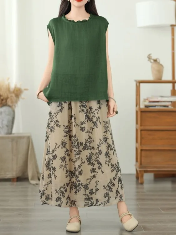 

Модный комплект из хлопка и льна: двусторонняя рубашка с воротником-стойкой и эластичная двухслойная юбка с цветочным принтом