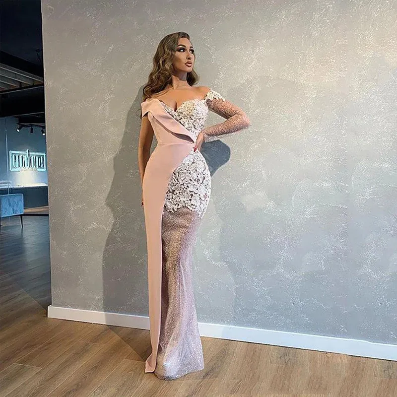 

Angel Custom Sexy Pink Off the Shoulder With V-Neck Lace Long Sleeve Satin Flounces Floor-Length For Women Formal Evening Dress