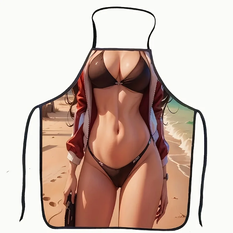 مريلة مشهد الشاطئ المبتكرة خفيفة الوزن، مثالية للمطبخ والشواء وتصفيف الشعر والخبز والتصميم الفني مع سترة حمراء #3