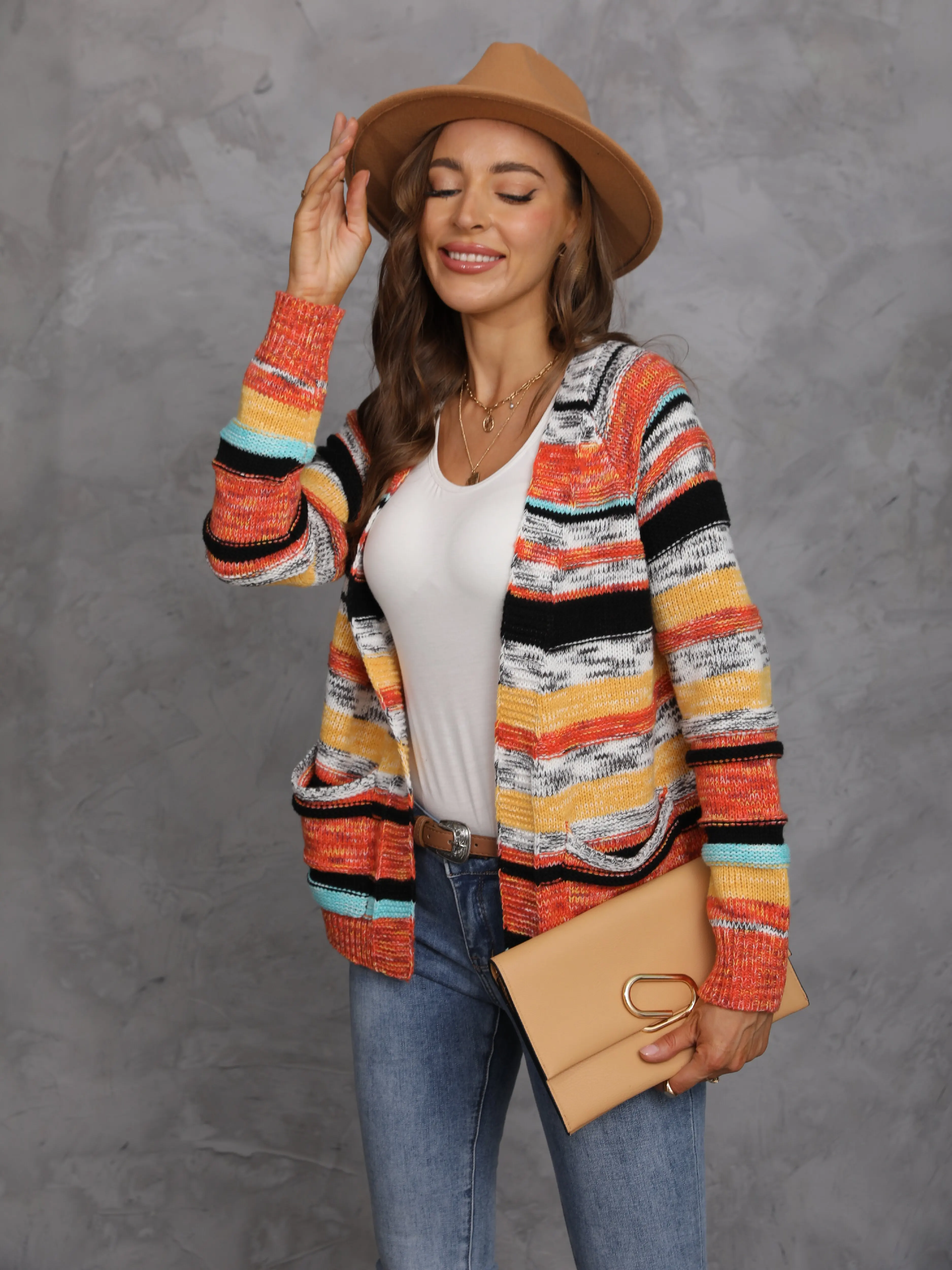 Women\'s Rainbow Stripes Sweater Knitted Cardigan Korean Casual Coat 2024 Spring Autumn Long Sleeve Jacket Shawl Ladies Tops