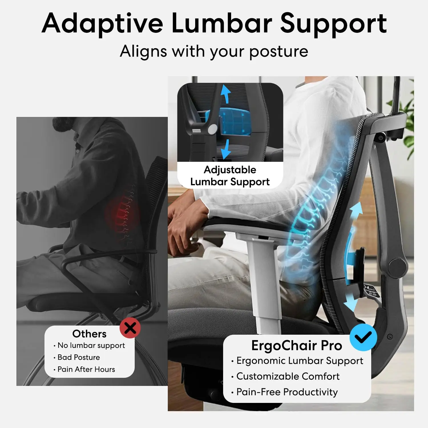 ErgoChair Pro Black Foam Ergonomic Office Chair with Adjus  Lumbar Support Headrest for Back Pain Relief Big And Tall