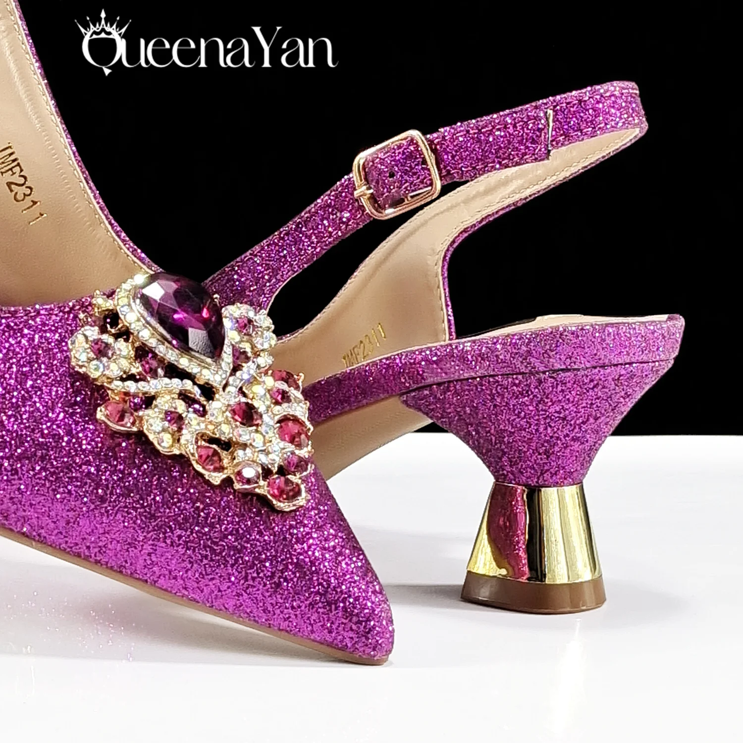 QSGFC włoski design magenta kolor szpiczasty nosek zestaw butów i toreb Rhinestone luksusowe damskie buty na wysokim obcasie na wesele — zdjęcie 4