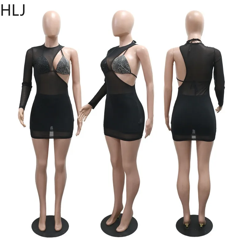 HLJ Sexy Rhinestone Patchwork 3 Pieces Set for Woman Mesh Spaghetti Strap Tops + Shorts Outfits Female Streetwear Clothing New