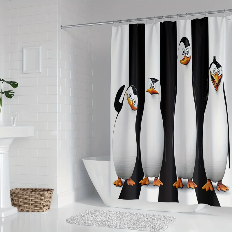 Cortina de ducha de hermanos pingüinos de dibujos animados, impresión digital en blanco y negro, lavable a máquina, decoración de baño, 1 ud.