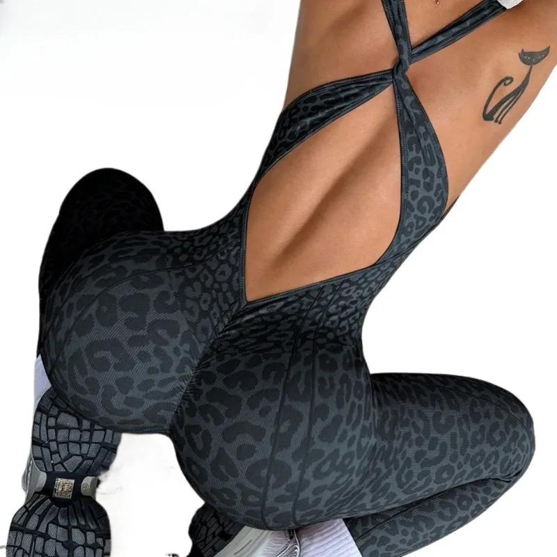 Genuine Foot Binding Seamless Leopard Print Hollow All-in-one Yoga Clothes, Fitness Foot Corset Outdoor Sports Jumpsuit