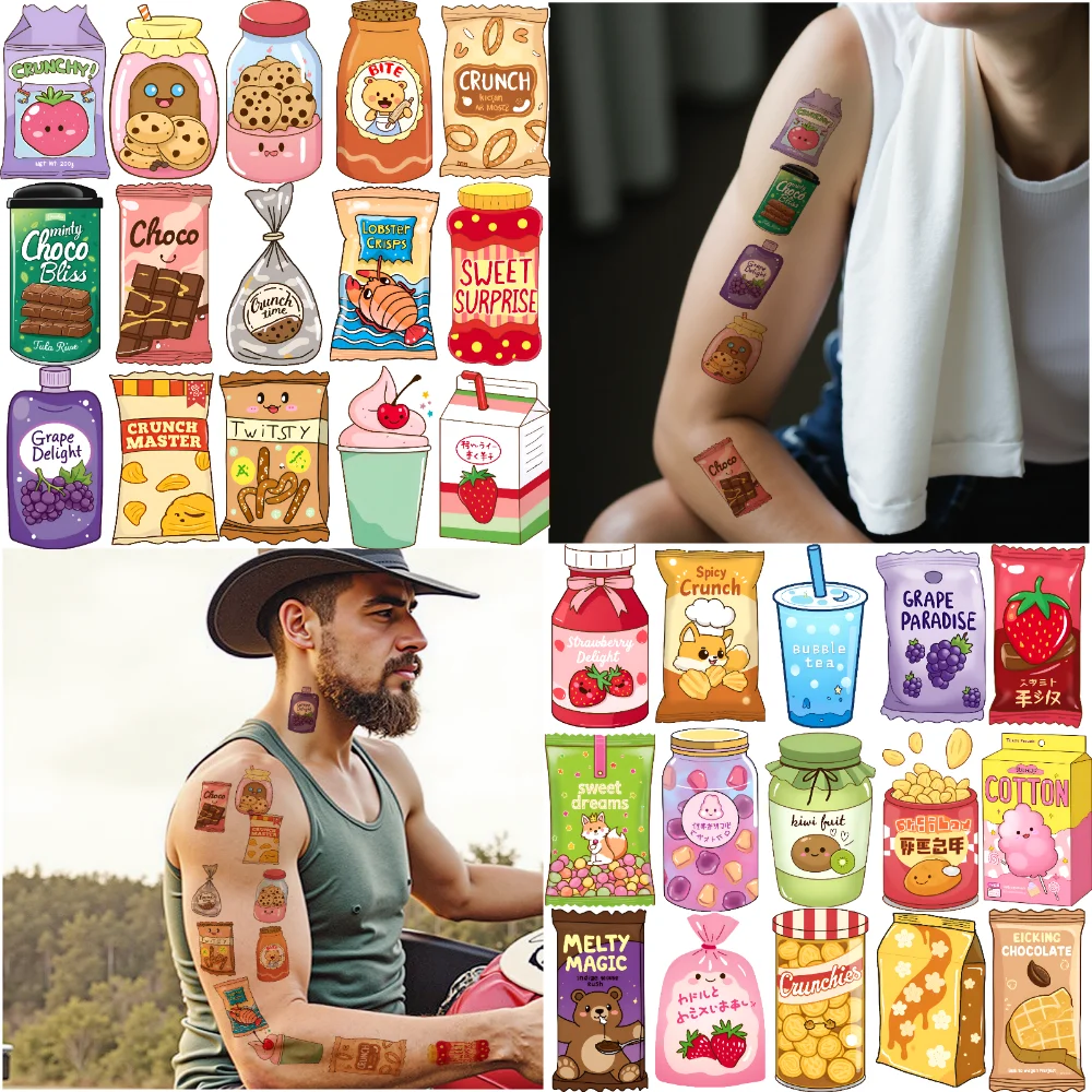 

63pcs Temporary Tattoo Beverage Stickers Temporary Tattoo Stickers Snack Stickers Cartoon For Children Shoulders Cheeks