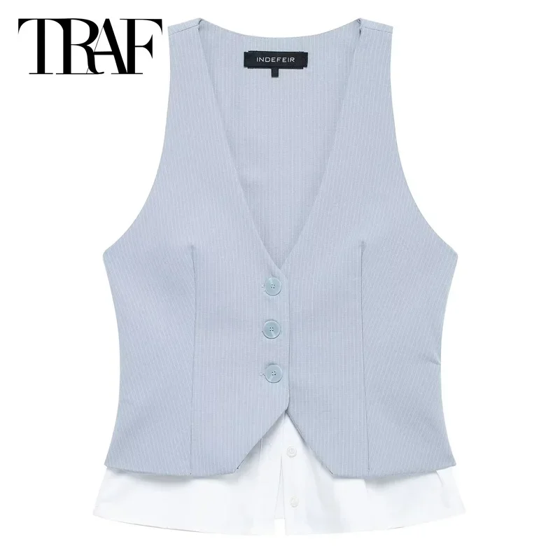 

TRAF Striped Patchwork Top Women 2025 Summer Women's Vest Waistcoat Lady Off Shoulder Sleeveless Vest Top Casual Resort Tank Top