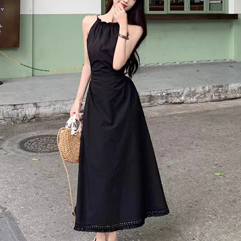 Fashion and Casual Summer Halter Hollow Sleeveless Tassel Solid Color Simple and Generous Hem Holiday Beach Women\'s Long Dress