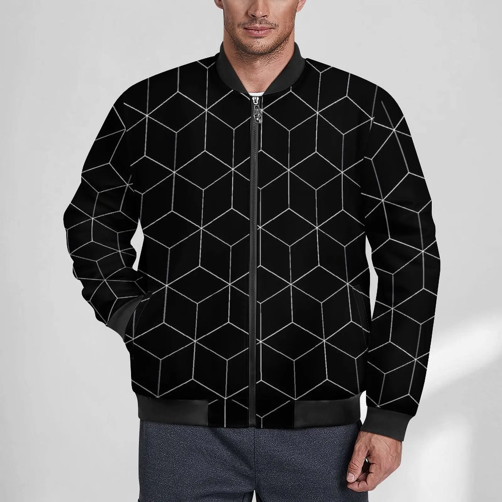 Geometric Jackets Winter Black Honeycomb Street Style Casual Coats Male Waterproof Classic Windbreak Printed Oversize Jacket