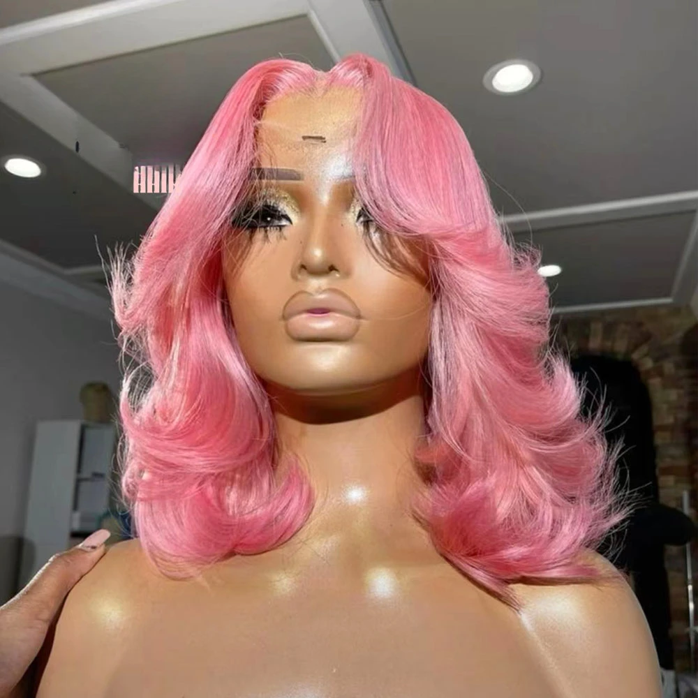 

Pink Bob Lace Body Wave Short Bob Pink Hair Heat Glueless Synthetic Lace Front Women Cosplay Purple Bob Wigs