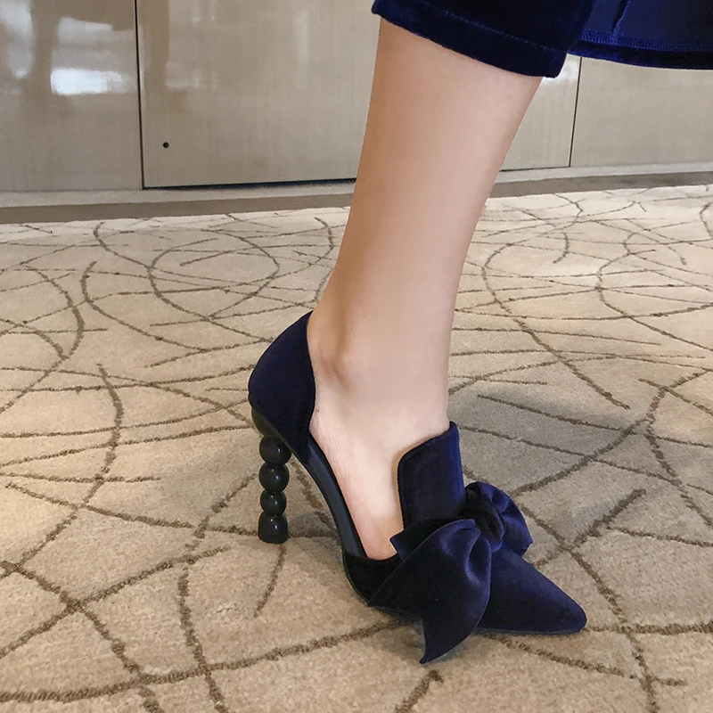 French Style Vintage Pumps Ladies Velevet Pumps With BowtieSpring High Heel Shoes Woman Autumn Elegant Wedding Party Pumps