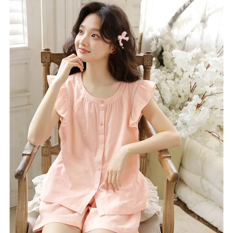 Summer New Sweet Cute Pure Cotton Yarn Short Sleeve Loungewear for Girls with Adorable Flutter Sleeves and Versatile Cover-Up