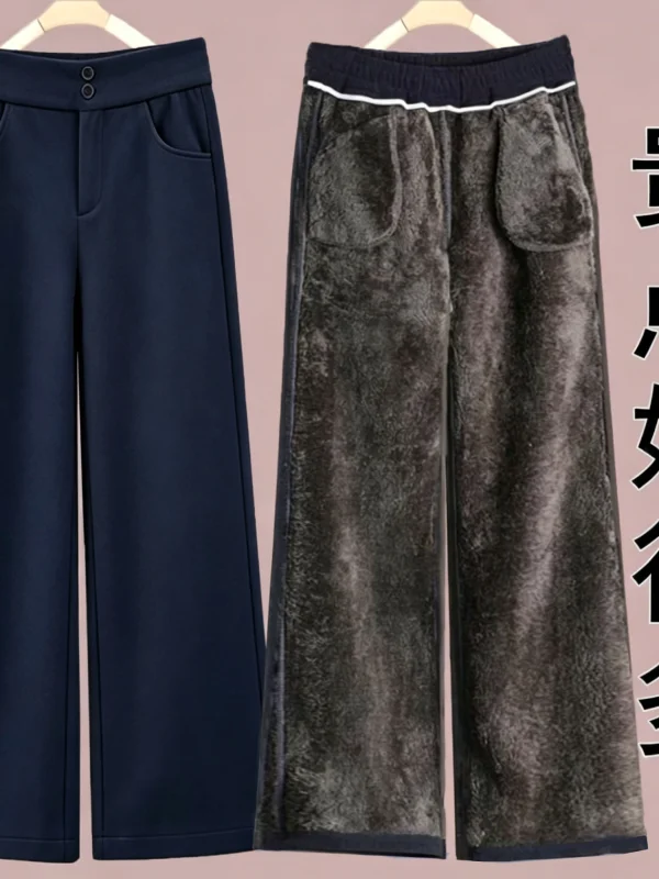 Women's Wide Leg Pants Fleece Lined Thick Casual Autumn Winter Warm Slimming Long Trousers High Waist Polyester Fiber