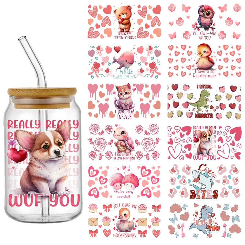 Valentine's Day 16oz Custom UV DTF Cup Wraps Transfers 16oz Glass Cup No Heat Needed Waterproof love Designs