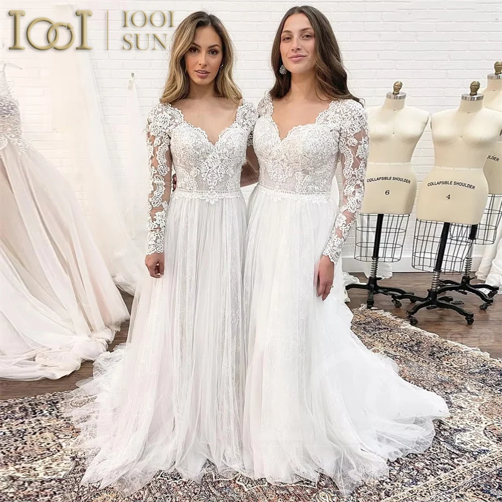 

IOOISUN Boho Long Sleeve Wedding Dresses V-Neck Illusion Lace Appliques Bride Gown Court Train Wedding Party Gown Customized