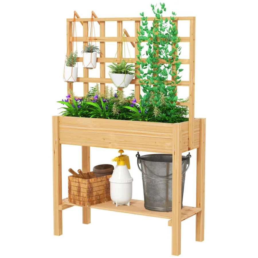

Wooden Raised Garden Bed with Trellis Outdoor Planter Box with Storage Shelf for Vegetables Flowers Herbs