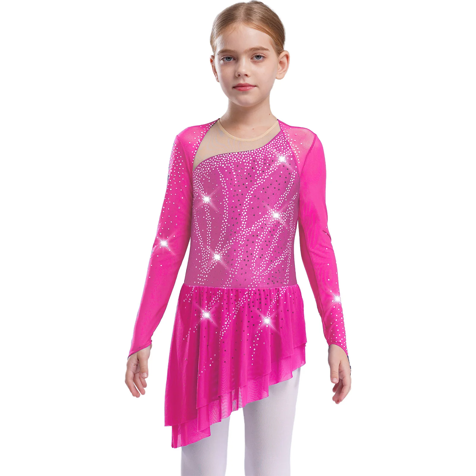 Mädchen Gymnastik Eiskunstlauf Modernes Ballett-Trikot Lyrisches Tanzkostüm Transparentes Netz Glitzernde Strass-Leotards Kleid – Detail 20