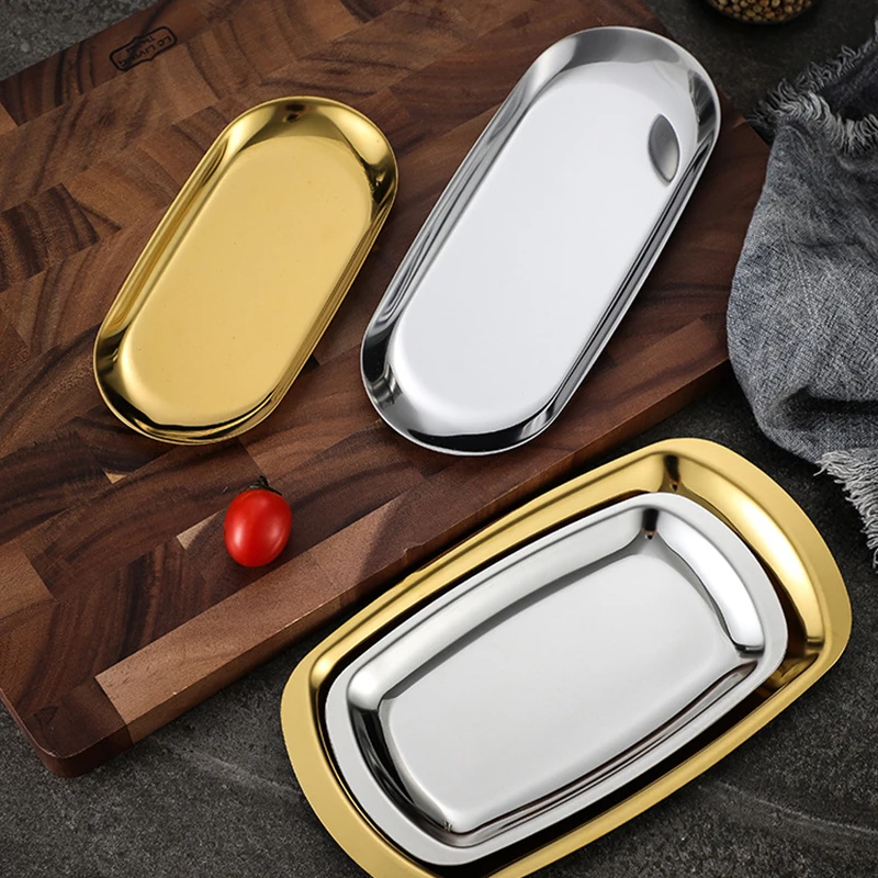 Decoration Trays Plates 304 Stainless Steel Afternoon Tea Towel Jewelry Creative Flat Plate Rectangular Storage Plate