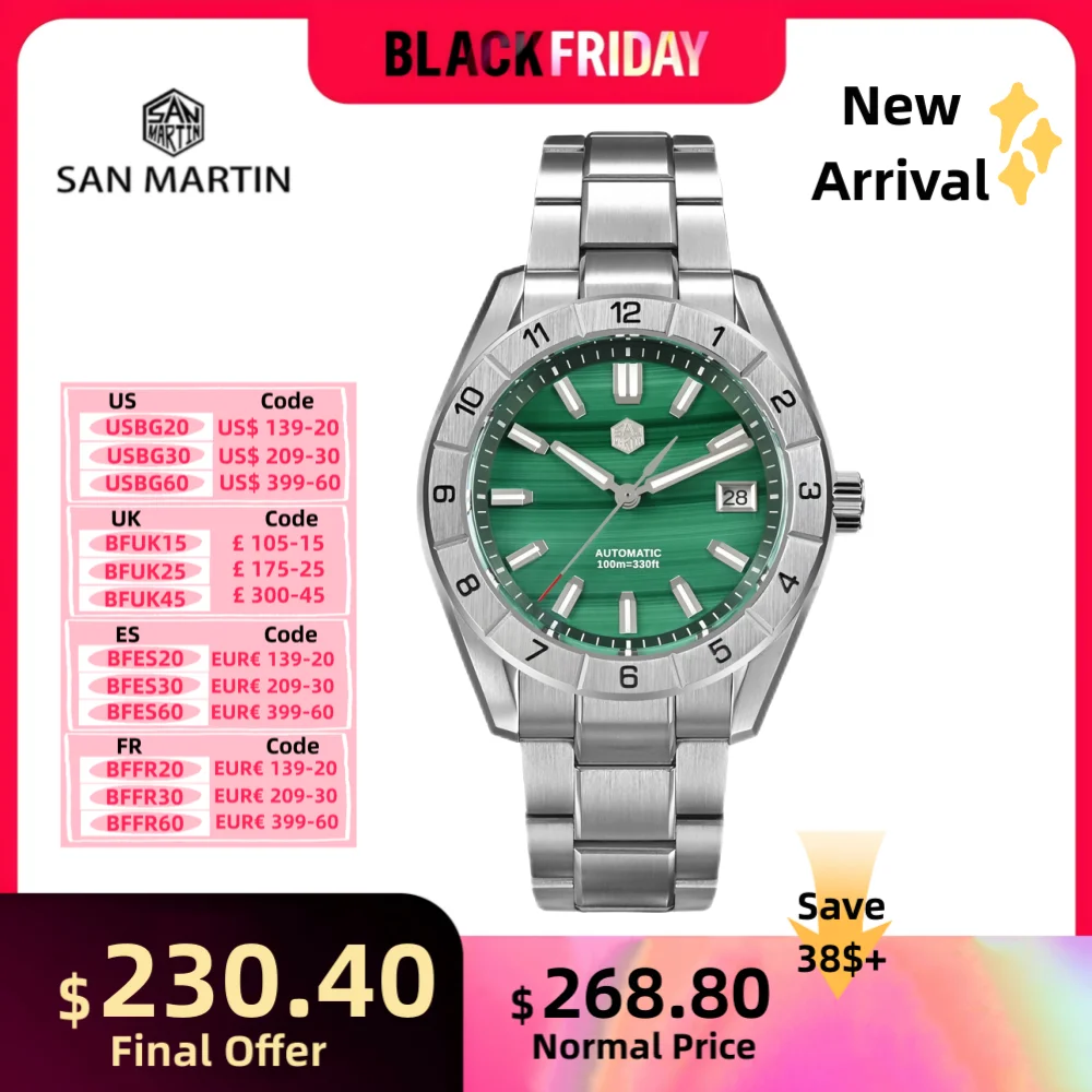 San Martin 42mm NH35 Watch For Men Timepieces Malachite Gemstone Dial Sapphire BGW-X1 Lume 10Bar Swim reloj hombre Lujo SN0130B