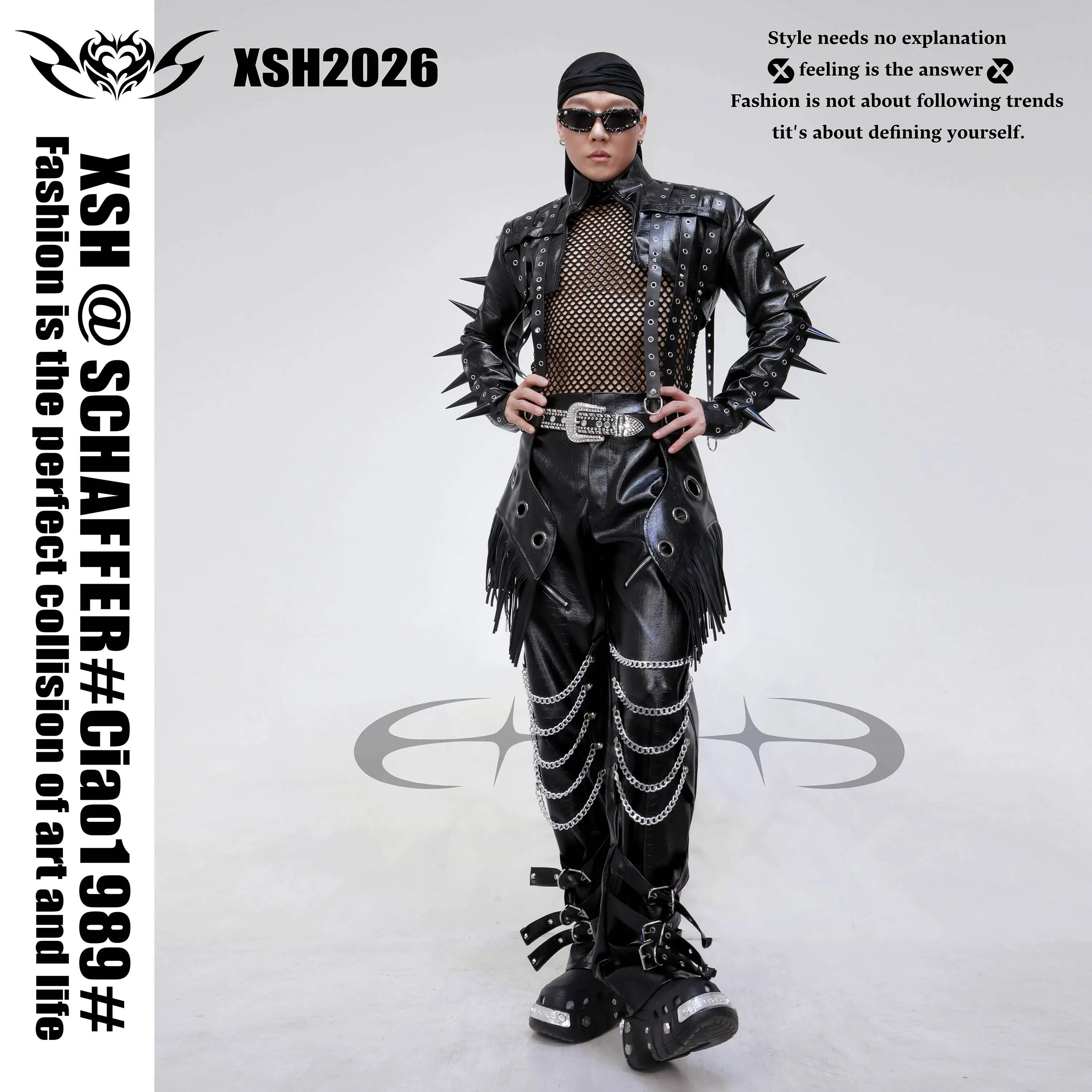 Black Rivet Leather Jacket With Mesh And Tassel Chain Pants, Bar Men's Gogo Dark Theme Patrol Custom Set view 2