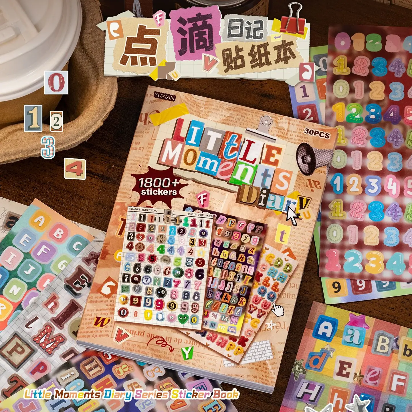 30 sheets Assorted Vintage Font Letters Numbers Stickers, Decorative Material for Handmade Journal Scrapbooking Craft