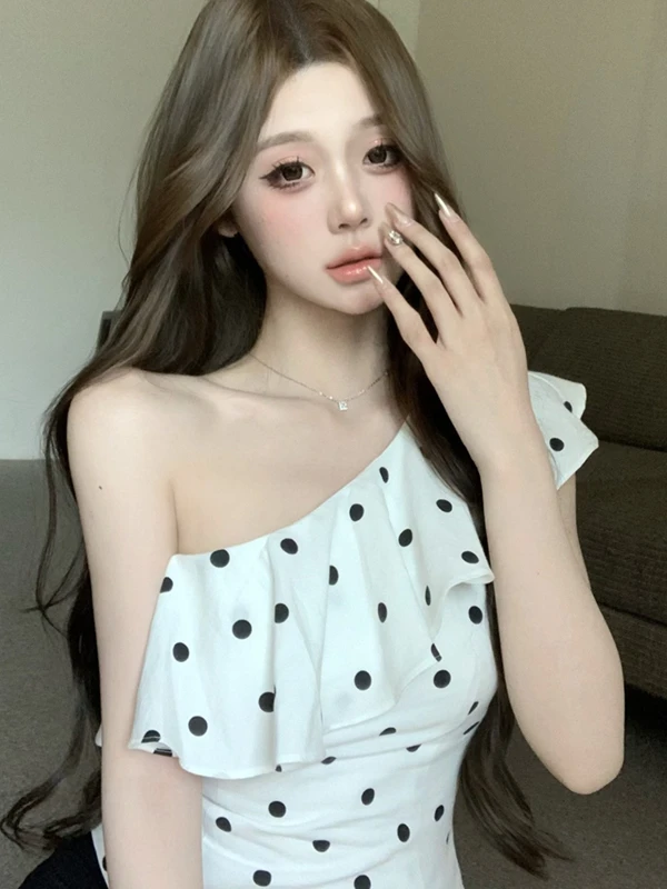 Ele ポルカドット アシンメトリー ショルダーストラップ ベスト レディース 夏 アウター ユニーク 美しい ウエストシェイプ オフショルダー イルト