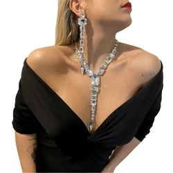 Fashionable Sparkling Tassel Crystal Necklace Earpiece Set Exquisite Sparkling Wedding Party Rhinestone Jewelry Set Accessories