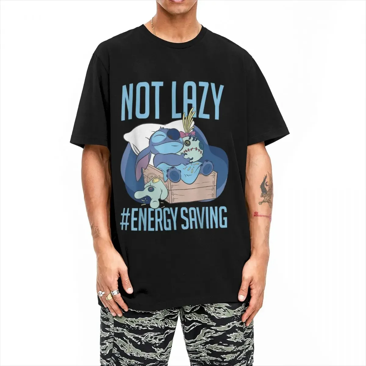 Lilo Stitch T Shirt Men Pure Cotton Women T-Shirts Not Lazy Energy Saving Tee Shirt Short