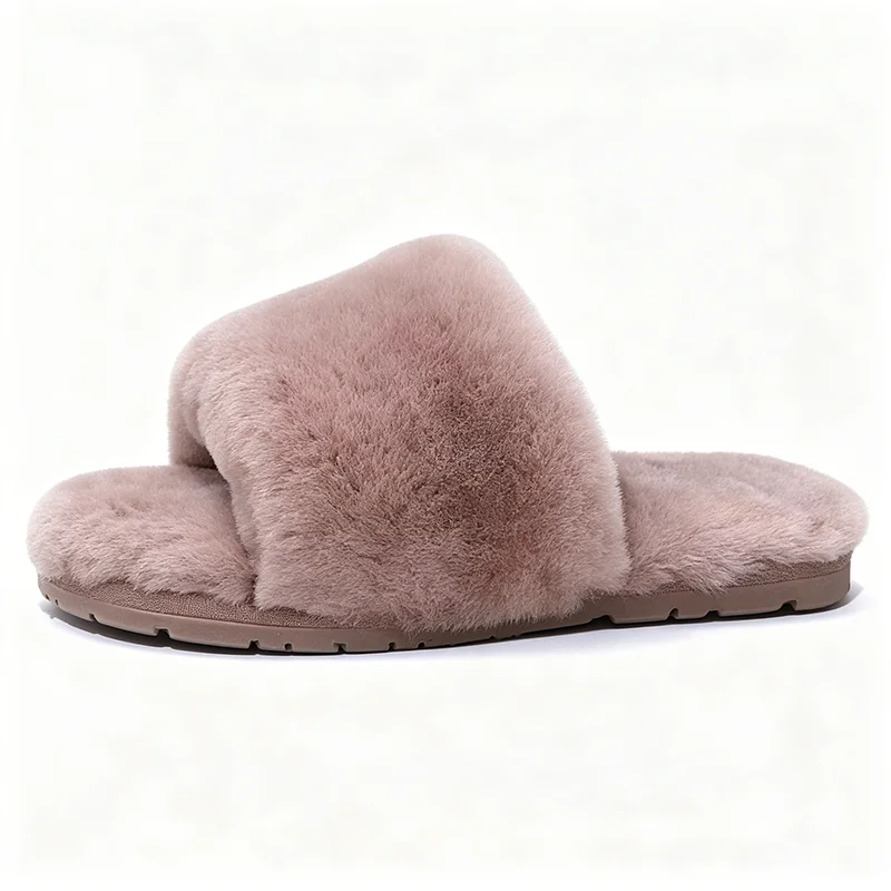 

Women's Natural Fur Slippers Fluffy Open Toe Soft Real Sheepskin Anti-slip Warm Indoor Outdoor House Slides