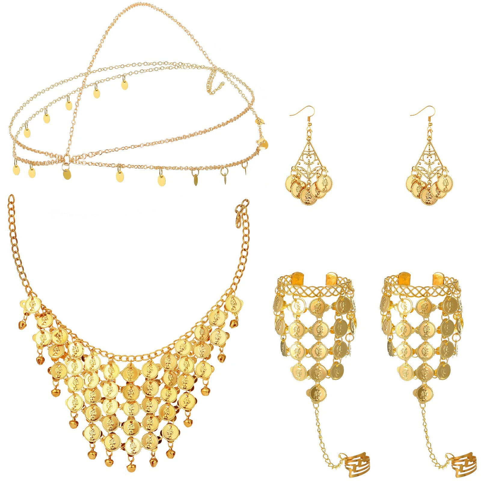 Belly Dance Jewelry Set Women Gold Sequins Head Anklet Chain Coins Necklace Earrings Bracelets Bohemian Tassel Hand Ring