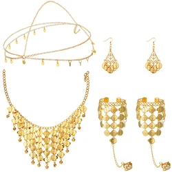 Belly Dance Jewelry Set Women Gold Sequins Head Anklet Chain Coins Necklace Earrings Bracelets Bohemian Tassel Hand Ring