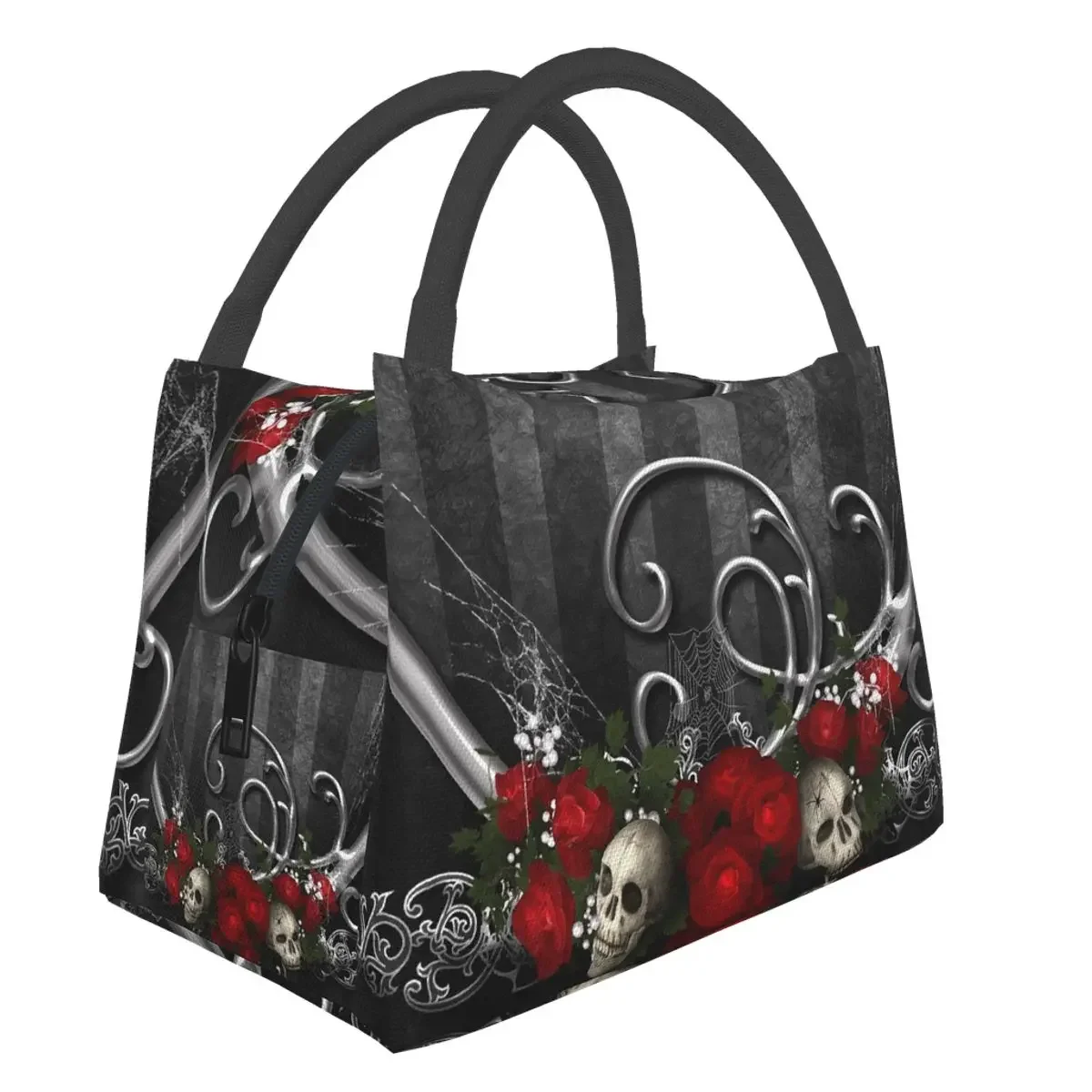 NOISYDESIGNS Portable Insulated Lunch Bag Women Gothic Rose Skull Print Oxford Cloth Food Case School Cooler Warm Picnic Handbag