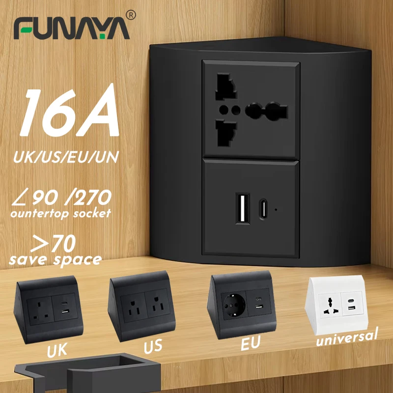 

FUNAYA Bathroom Mirror Cabinet Corner Socket Plug Laboratory Universal EU UK AU USB Type-c Built-in Wardrobe Hidden Desk Sockets