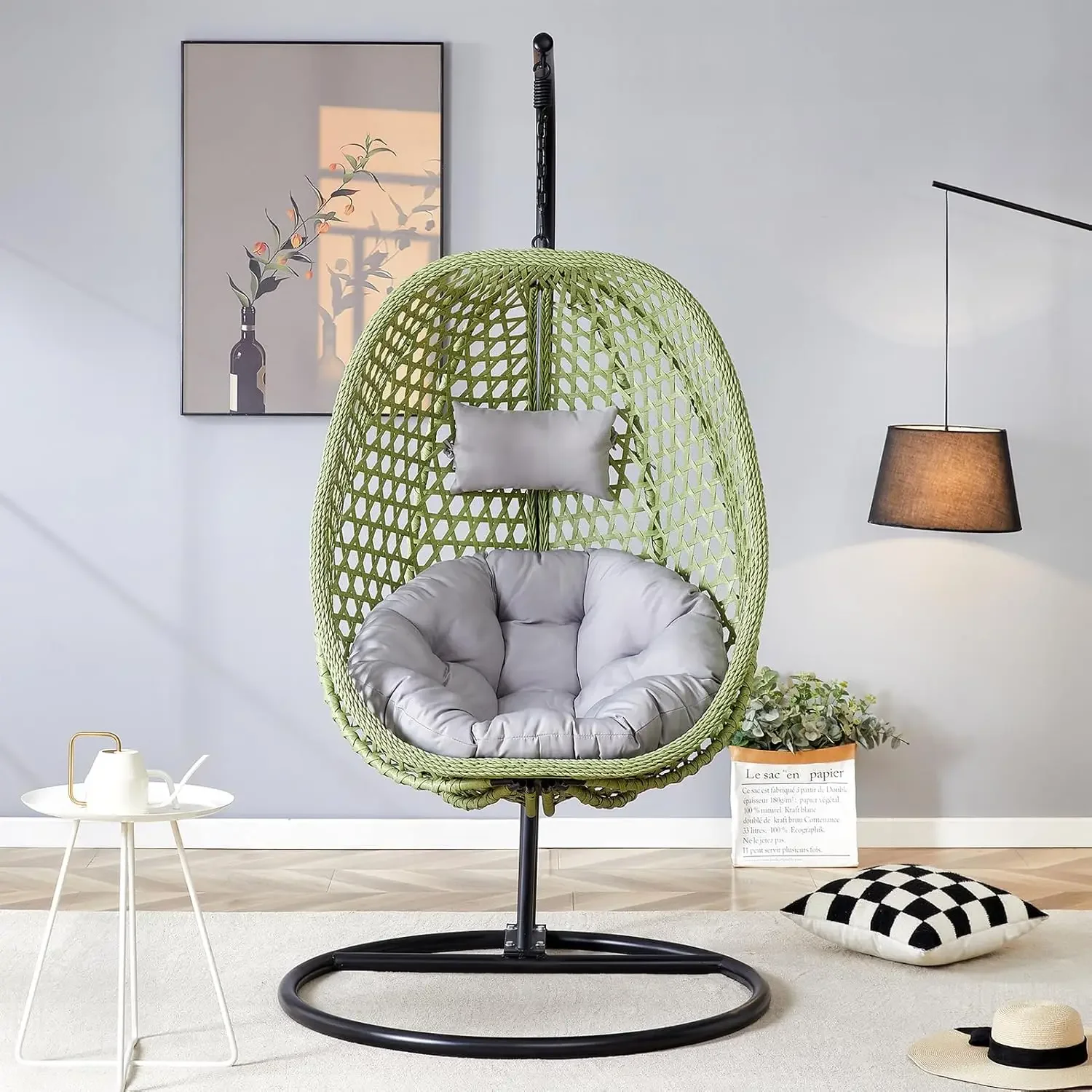 

Hanging Egg Chair Outdoor,Rattan Swing Chair with Foldable Basket,Hammock with Metal Stand,Lounge for Garden Backyar