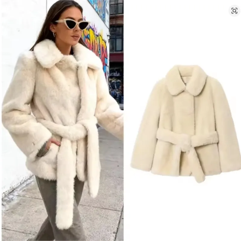 

Artificial Fur Effect Short Jacket Women Winter Fashion Sashes Decoration Turn-down Collar Outdoors Short Coat Casual Female Top