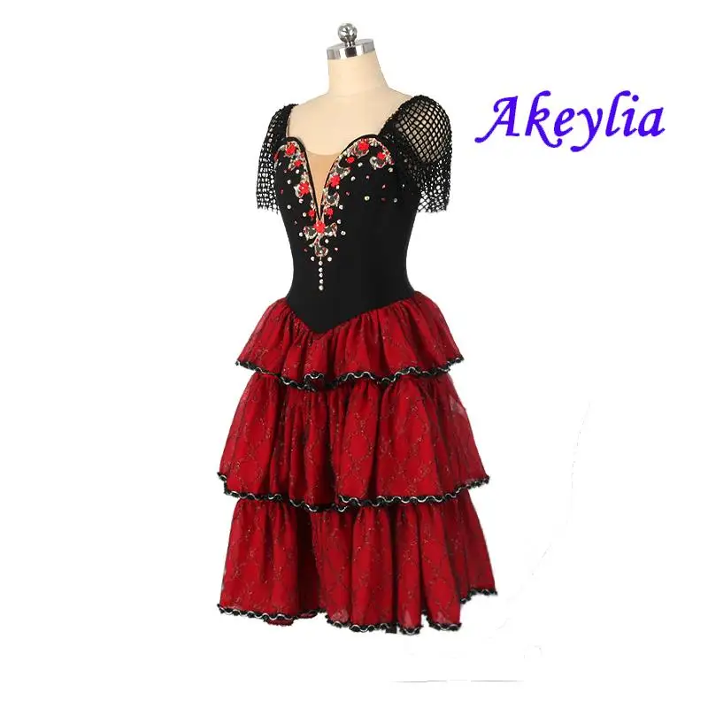 Abito da balletto rosso nero per ragazze da competizione Don Quixote Costume da palcoscenico professionale vestito da balletto spagnolo JNBL128