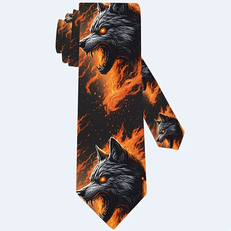 Wolf Flame Print Necktie Black Gray Orange Wolf Glowing Eyes Design Soft Formal Casual Tie for Weddings Parties Dates