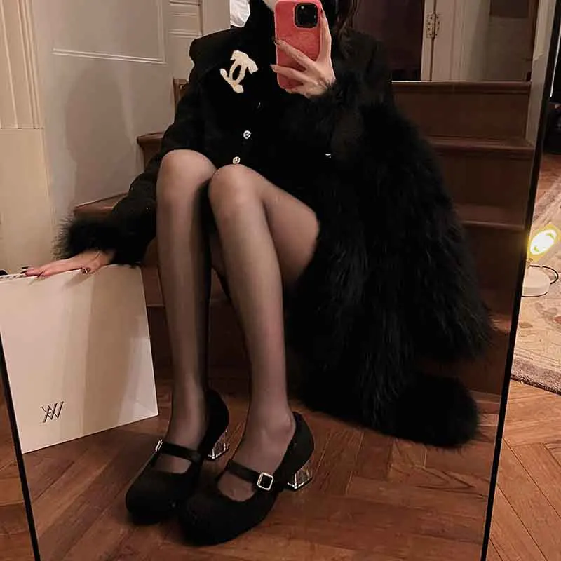 

Chunky Heel Mary Jane Women Shoes Short Fur Buckle High Heels Square Toe Shallow Winter Outer Wear Pumps Zapato de Tacón