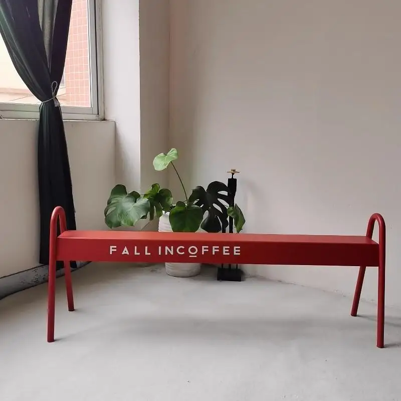 

Bench wrought iron outside Ankela red long milk tea table, chairs, benches, coffee shop outdoor leisure bench Korean style