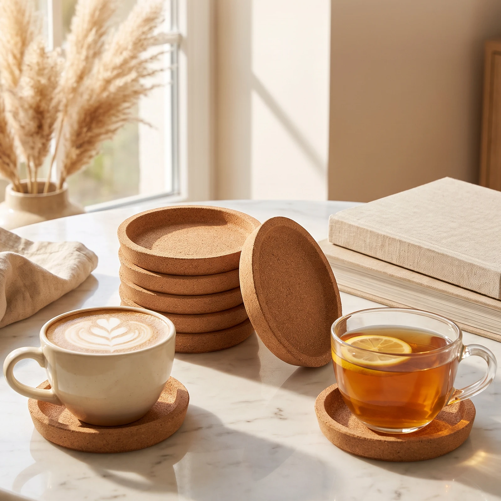 12Pcs Thick Cork Coasters Round Absorbent Cup Mat Diameter 9cm Stackable Non Slip Insulation Coasters Tabletop Protection Pad