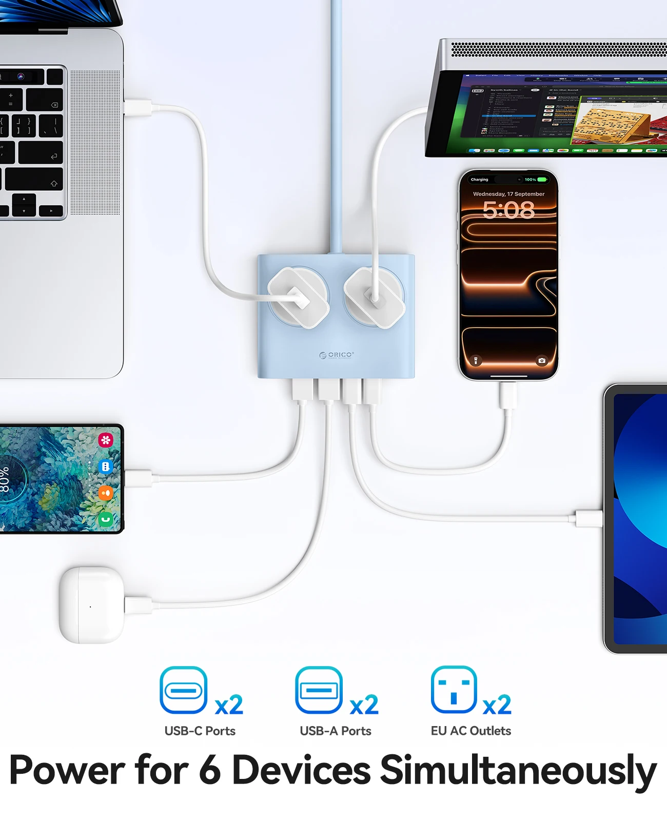 ORICO PD15W UK Plug Desktop Power Strip with 2 Type-C Port 2 AC Outlets 2 USB-A Ports Charging Station for Phones Electronics