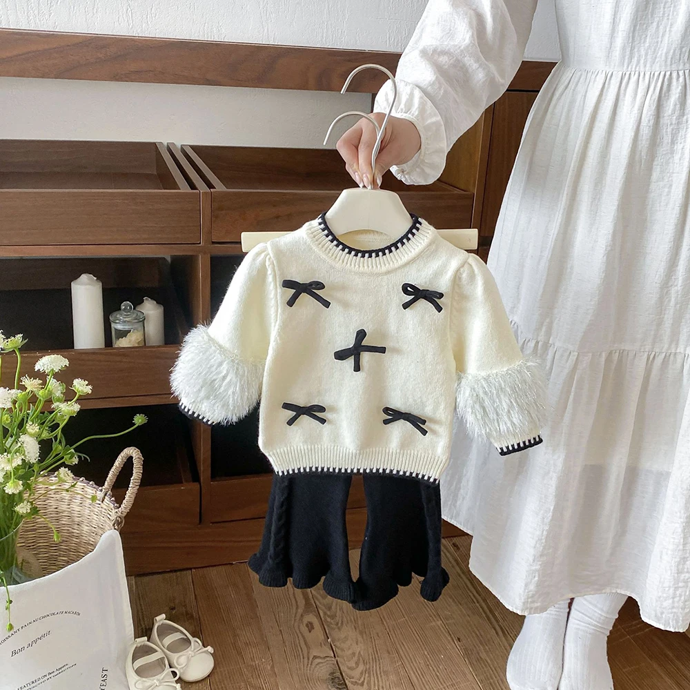 MILANCEL Autumn Baby Clothing Sets 6M-3T Cute Bow Baby Girls Clothes Loose Knit Toddler Sweater +Bell-bottoms Infant Outfit 2PCS