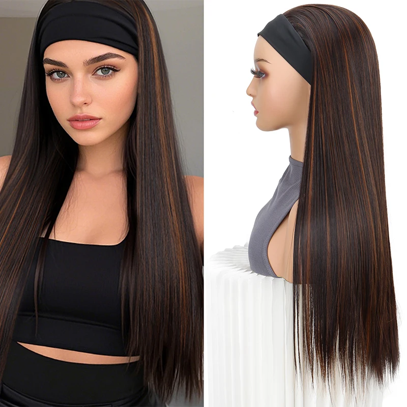 

26-дюймовые синтетические длинные прямые парики с повязкой на голову для чернокожих женщин, термостойкий парик с повязкой для волос для ежедневного использования на вечеринке