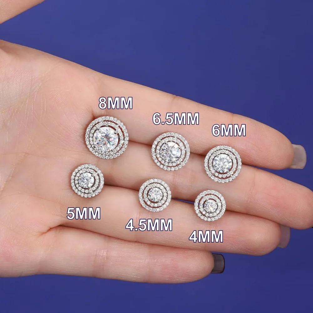 أقراط مويسانيتي مزدوجة على شكل هالة مع ظهر لولبي، فضة استرلينية مطلية بالذهب عيار 18 قيراط، أقراط مويسانيتي كبيرة للنساء #2