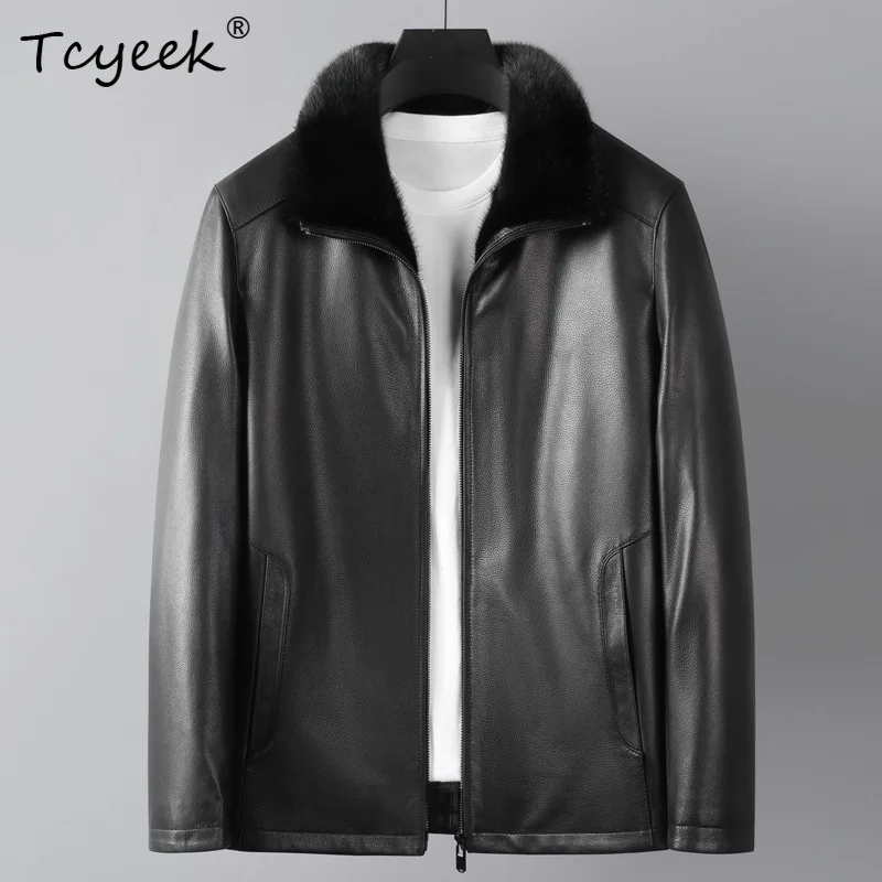 Tcyeek 천연 염소가죽 진짜 가죽 재킷 남성 의류 비즈니스 캐주얼 남성 코트 진짜 밍크 퍼 코트 2025 남성용 재킷