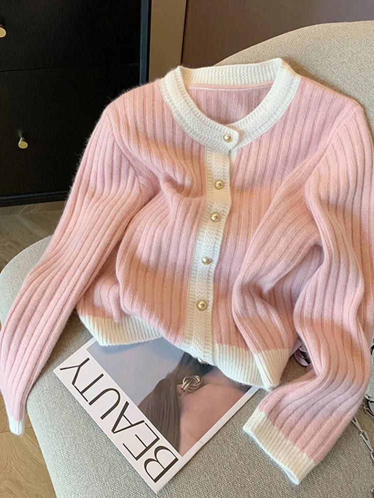 Harajuku Korean Autumn Winter Pink Cashmere Top O-Neck Cozy Casual Sweet Sweater Knitted Cardigans Long Sleeve Mori Girl Style