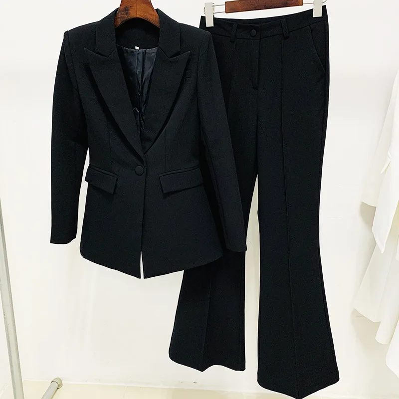 Blazer Pantsuits Two Piece Sets Black White Office Ladies Women Business Single Buttons Flared Pants Blazer + Pants Formal Suit