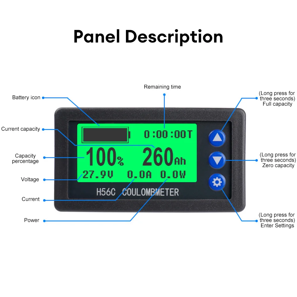 H56CH LCD Digital Hall-Coulomb-Meter Spannungs-Strom-Leistungsmesser Anzeige DC 9-100V 50A 100A 200A 300A 400A Auto-Voltmeter-Amperemeter – Detail 6