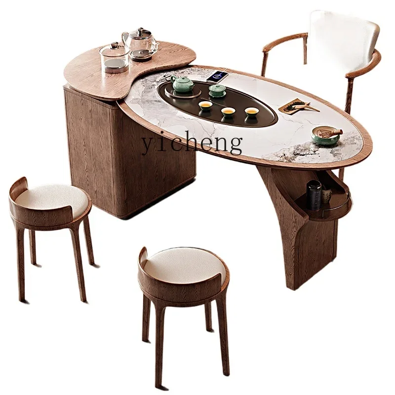 

Zws. Solid wood rock slab tea table and chair combination household small apartment modern simple tea making kettle integrated